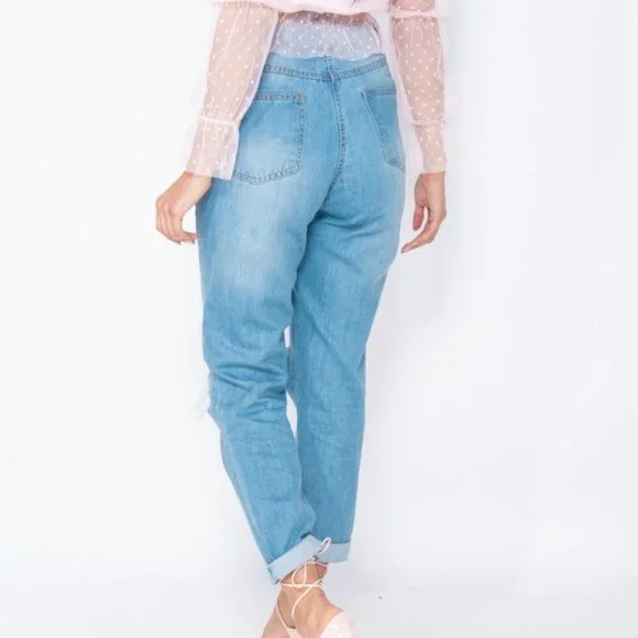 Blue High Waist Distressed Ripped Cuffed Boyfriend Jeans Denim Pants - Picture 11 of 16